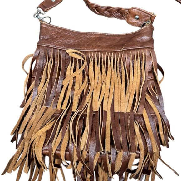 Vintage Brown Leather Fringe Crossbody Bag Made In Mexico Braided Strap Boho - Picture 3 of 7